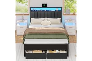 Furnulem Full Size Bed Frame with Charging Station and LED Lights, Grey Upholstered Headboard with Shelves, Metal Platform Bed with 2 Under-Bed Storage (Fabric Drawer on Wheels), No Box Spring Needed