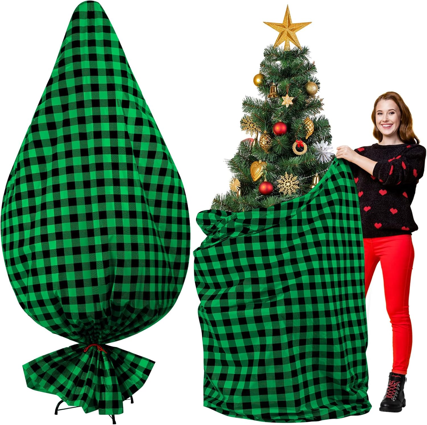 Holiday Décor Storage - Teling Large Christmas Tree Storage Bag Jumbo Christmas Tree Removal and Disposal Bag Plastic Bag Waterproof Xmas Tree Cover Upright for Xmas Tree Ornament (Black and Green,9 ft)