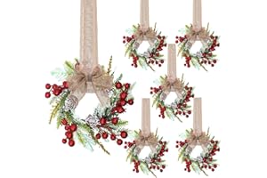 Zeyune 6 Set 9'' Mini Christmas Wreaths for Cabinets Real Touch Small Christmas Wreaths with Burlap Ribbon and Red Berry Rustic Farmhouse for Kitchen Wall Window Indoor Outdoor Chair Fireplace Decor