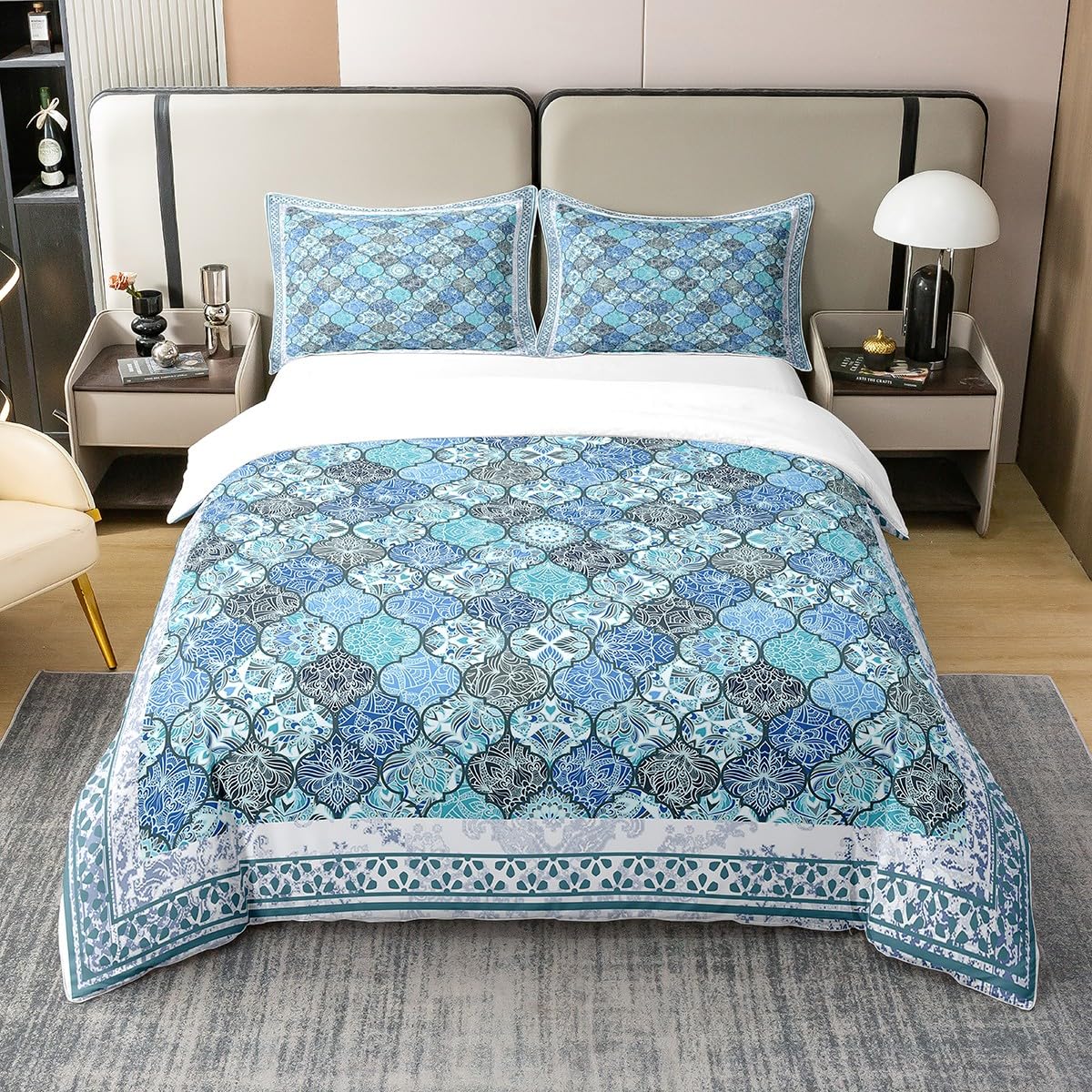 100% Natural Cotton Teal Boho Floral Bedding Set Blue Grey Paisley Damask Floral Comforter Cover Double Moroccan Bohemian Duvet Cover for Kdis Teen Adults Soft Breathable Luxury Quilt Cover