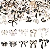 Beadthoven 40Pcs Bow Charms Bulk Golden Alloy Enamel Bowknot Charms Black White Cute Small Bow Tie Pendants for jewelry Making DIY Earrings Necklace Bracelets Craft Accessory