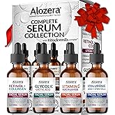 Alozera Face Serum Set of 4 with Retinol, Collagen, Vitamin C, Niacinamide, Hyaluronic Acid & Glycolic Acid, Exfoliating, Hydrating, Brightening, Anti-Aging Skincare, Serum Gift Pack of 4
