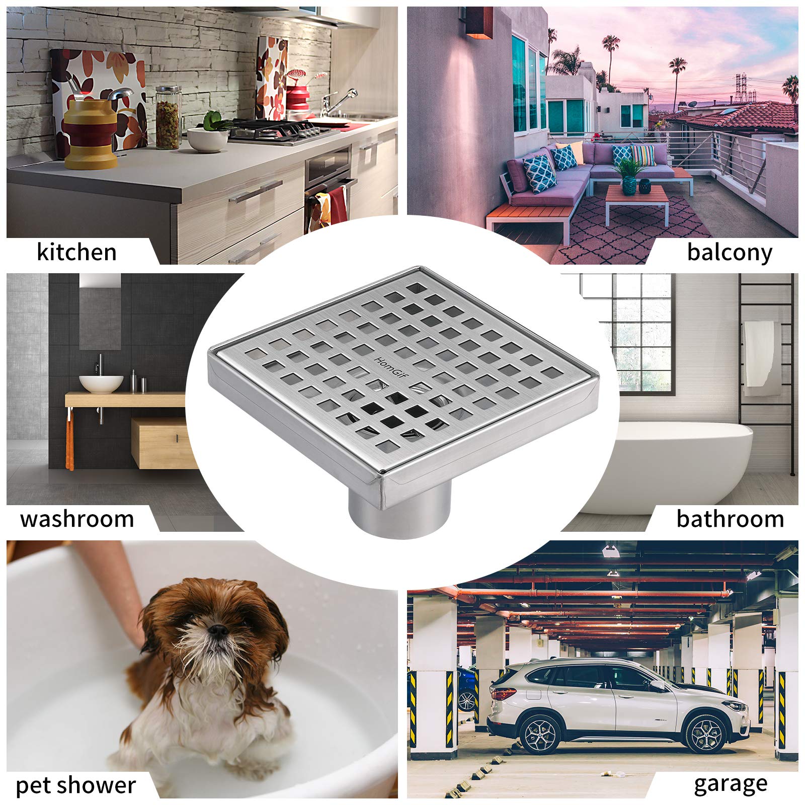 HomGif 5 Inch Square Shower Floor Drain for Bathroom Kitchen SUS 304 Stainless Steel Brushed Finish with Removable Hair Strainer Quadrate Pattern Cover