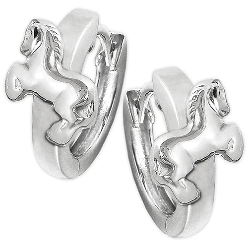Clever Schmuck Silberne Kinder Creolen Ø 12 mm glänzend mit Pferd springend auf Klappcreole glänzend STERLING SILBER 925
