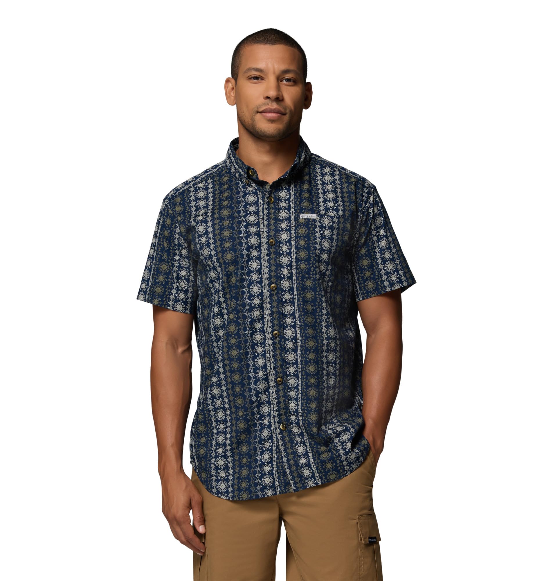 Columbia Men's Rapid Rivers Printed Short Sleeve Shirt, Collegiate Navy/Wildflower, Large Tall Image