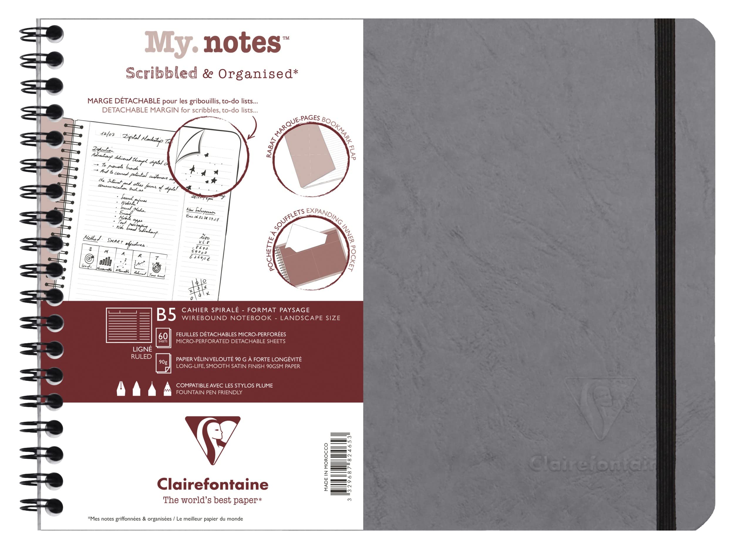 Clairefontaine 782465C Age Bag MyNotes Grey Spiral Notebook w/ Margins - B5 25x19cm - 120 Detachable Ruled Pages - 90gsm White Paper - Grain Leather Card Cover