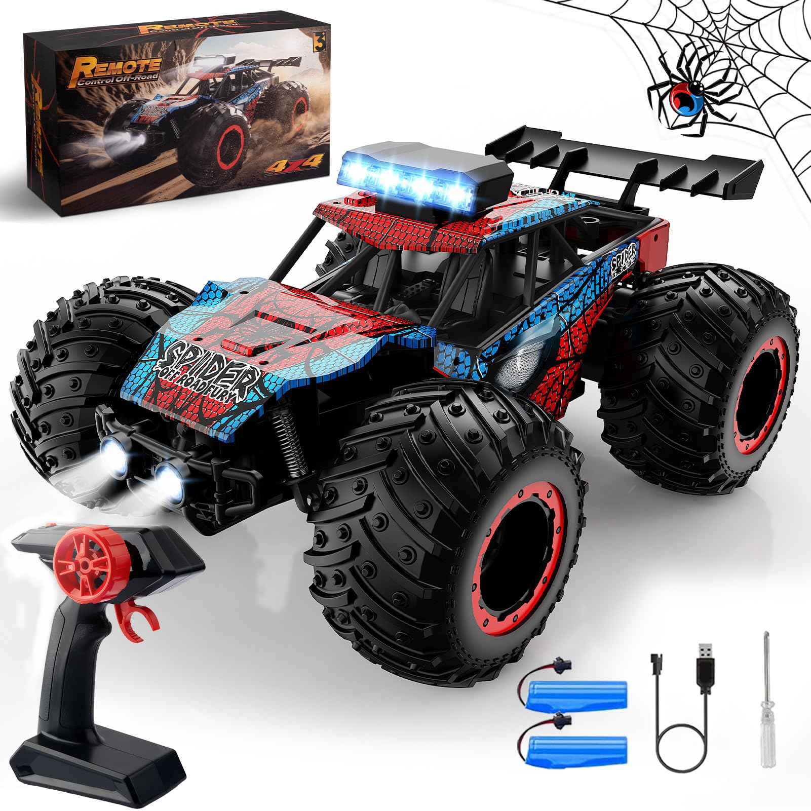 Spider Remote Control Car, 1:18 Scale 2.4GHz Rechargeable Off-Road RC Car with 2 Batteries, LED RC Toys for Boys, Girls Age 3 4 5 6 7 8+, Kids Boys Birthday Gifts Age 3-12, Kids Indoor/Outdoor Games