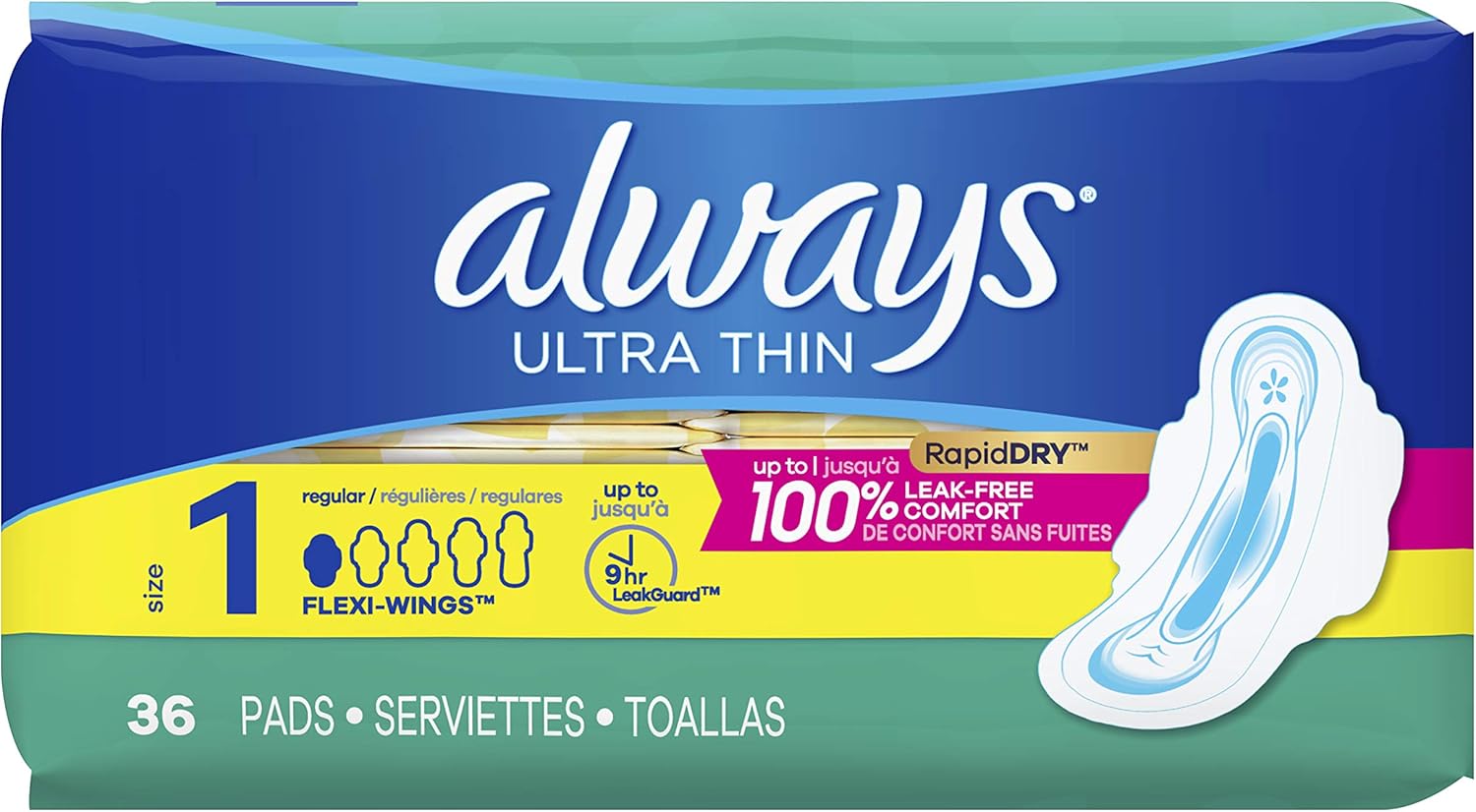Always Ultra Thin Pads Size 1 Regular Absorbency Unscented with Wings, 36 Count, Packaging may vary, 2 count: Health & Personal Care