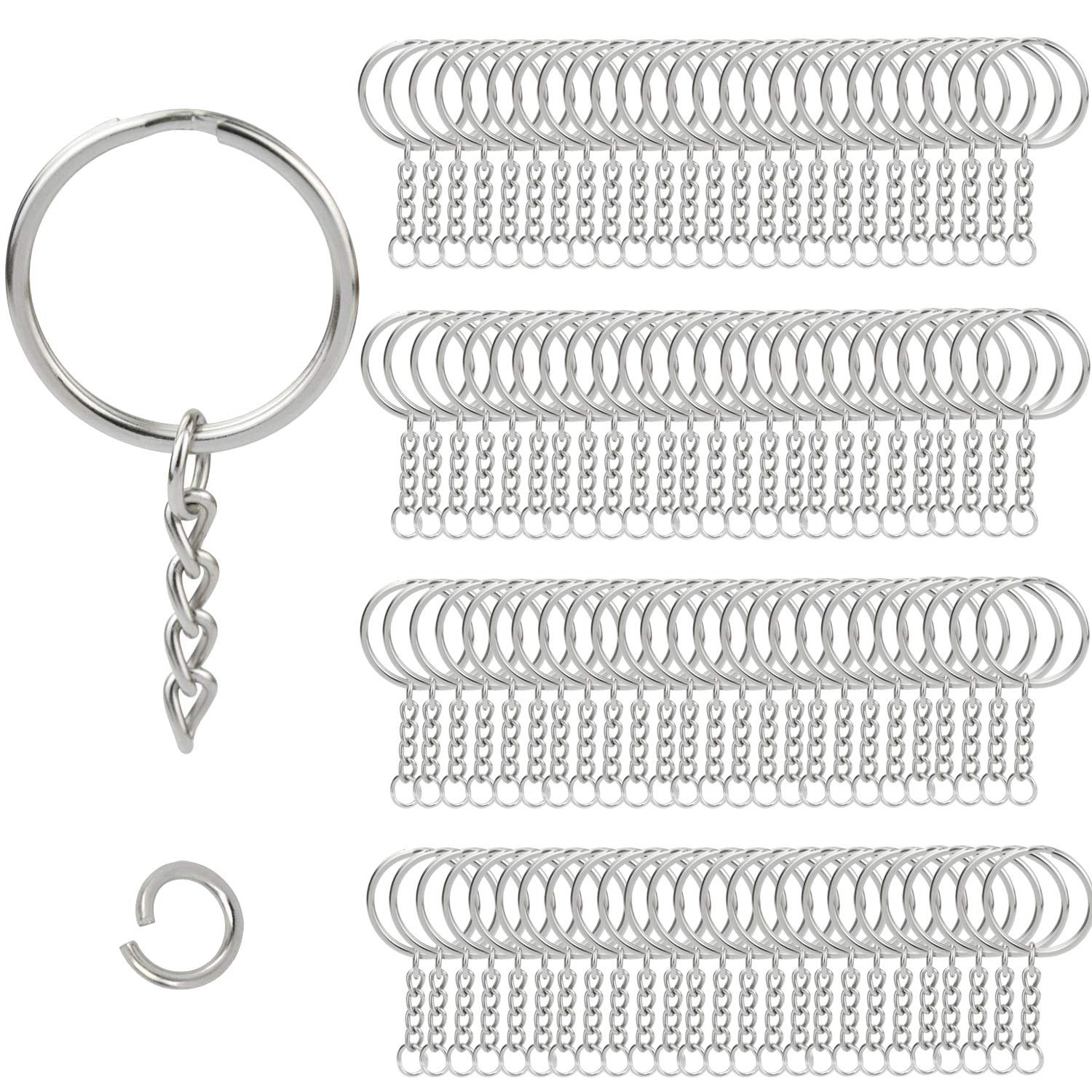 Enthur 100pcs Metal Split Key Chain Rings with Chain Silver Key Ring and Open Jump Rings Bulk for Crafts DIY (1"/25mm) (Size 1)