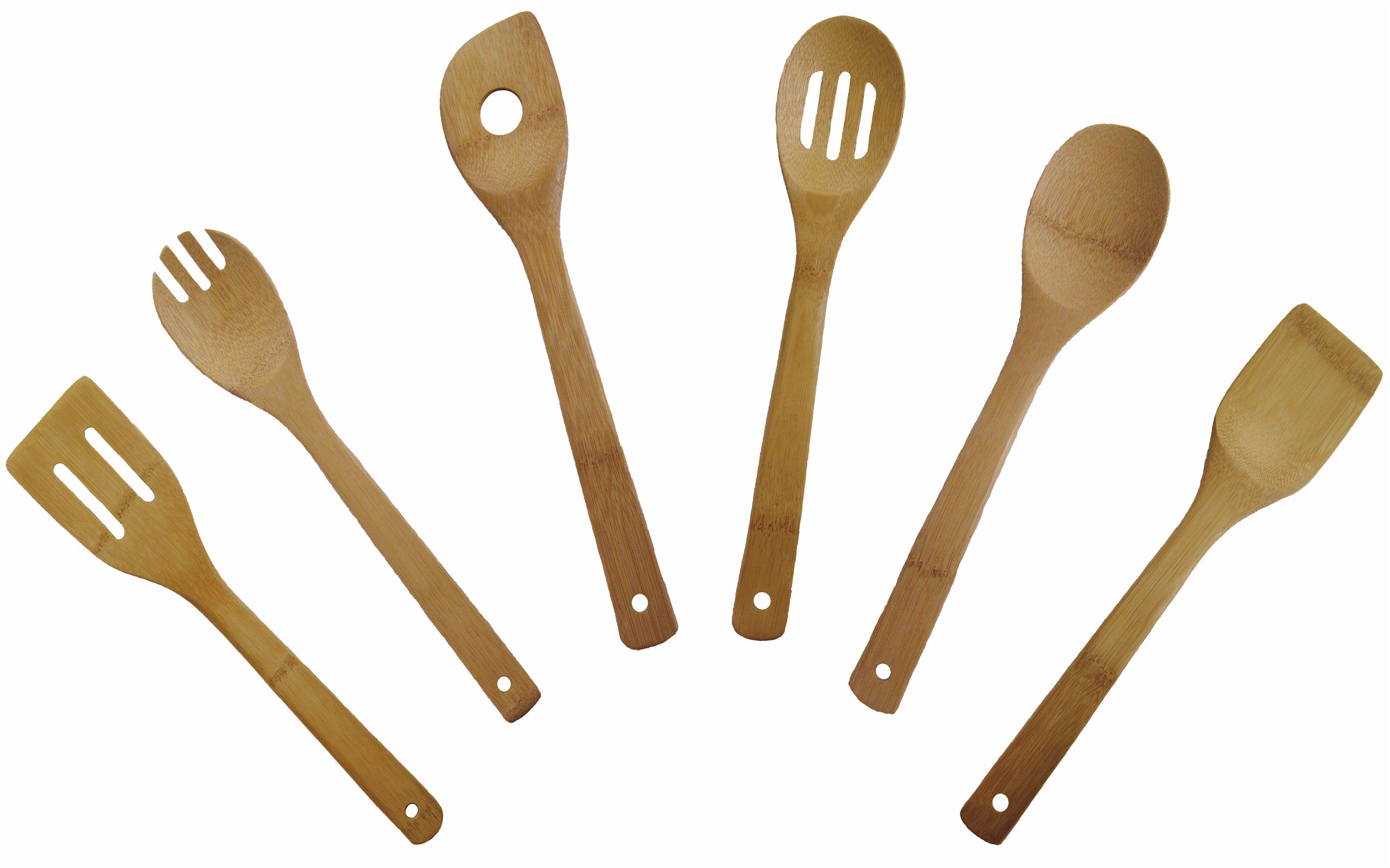 6 Piece 12" Bamboo Utensil Set, Spatula/turner, Slotted Spatula, Spatula with Hole, Spork, Spoon, Slotted Spoon. Individually Handcrafted, Made From 100 % Earth Friendly Timber Bamboo.