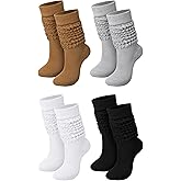 Janmercy 4 Pairs Slouch Socks for Women Bulk Stacked Boot 80s 90s Neon Slouch Knit Scrunchie Socks