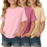 YooAurvox 3 Pack Girls' Short Sleeve T-Shirts Loose Fit Crew Neck Tops Raglan Curve Hem Shirts Casual Kids Basic Tees 5-14Y