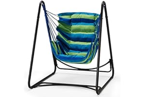 HOMGAVA Hammock Chair Stand,Heavy-Duty Steel Hammock Stand,450LBS Multi-Use Swing Stand Includes Hanging Chair Flow Bohemian Hand Indoor Outdoor Patio Garden Yard(Blue-Green Stripes)