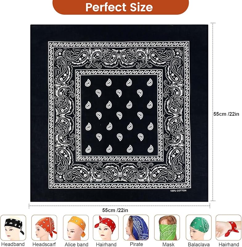 3 Stück 100% Baumwoll Bandanas - Paisley Bandana Damen Herren Kopftuch Tuch in Rot Schwarz Weiß für Mundschutz, Sport, Schweißband, Sonnenschutz, Haaraccessoire, Alltag, Reisen — Foto 3 von 7