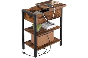 HOOBRO End Table with Charging Station, Narrow Side Table, Flip Top Nightstand with USB Ports and Outlets, Bedside Tables with Shelf for Small Spaces, Living Room, Rustic Brown BF341BZ01
