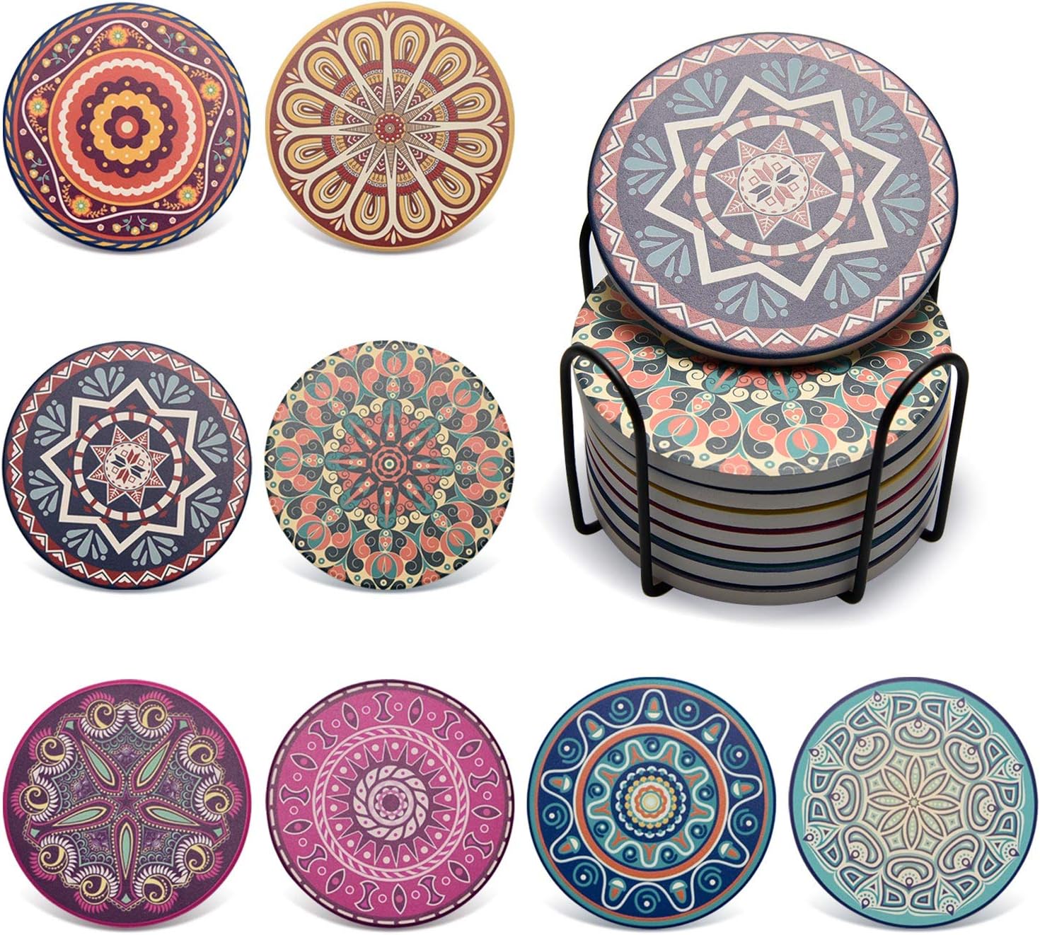 Absorbing Stone Mandala Coasters for Drinks by Penta Stars - Set of 8 Multicolors Absorbent Stone Coasters with Holder, 4 Inches Coasters for Drinks with Cork Base, Unique Present for Friends