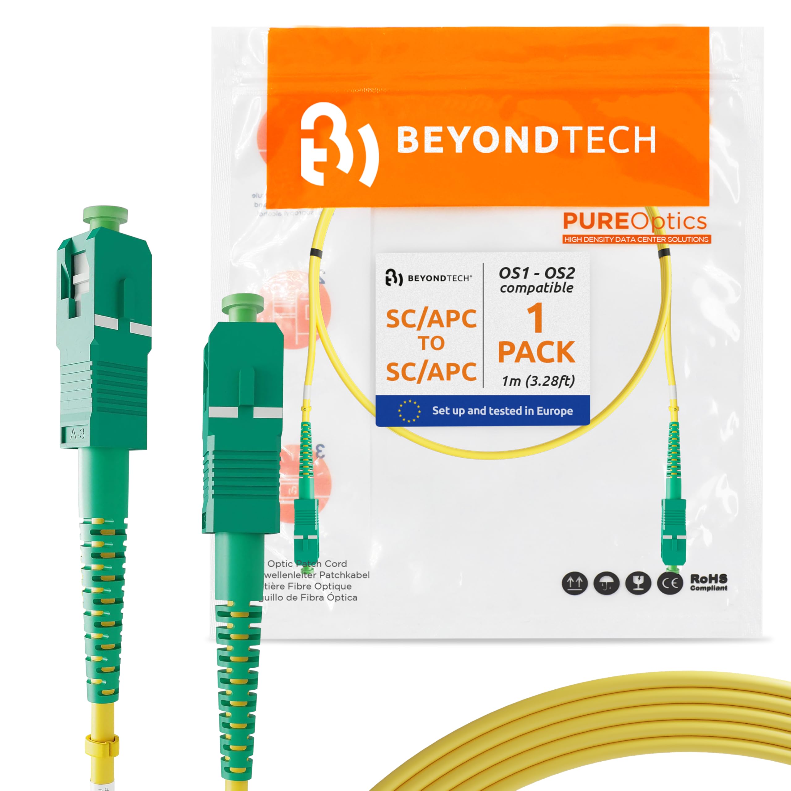 BEYONDTECH SC/APC to SC/APC Fiber Patch Cable Single Mode Simplex - 10m (32.8ft) - 9/125um OS1 / 3.0mm LSZH (1 Pack) - Fios Cable Replacement PureOptics Cable Series