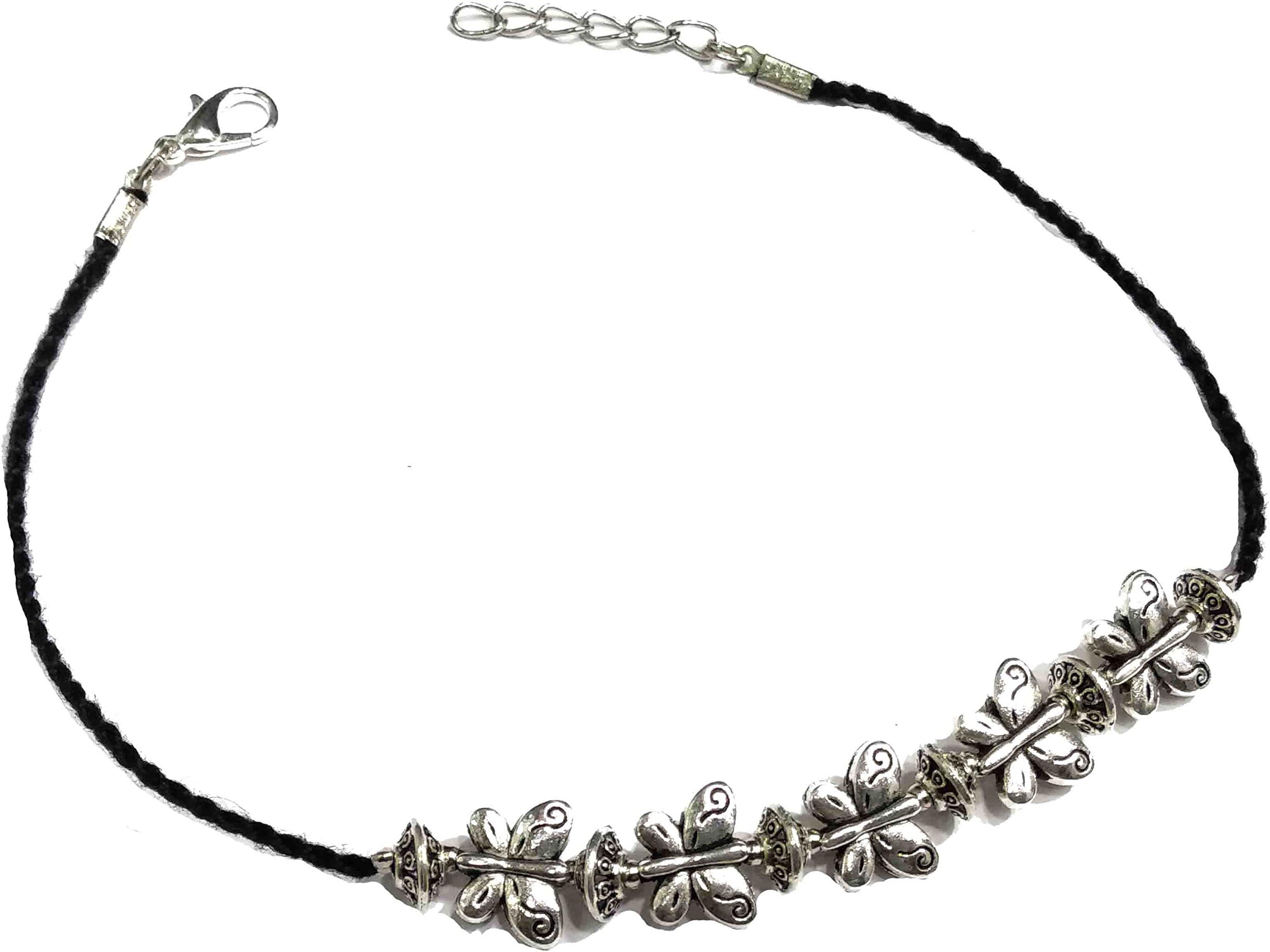 New Gurjari Stylish Women's Black Thread Anklet with Carving Oxdised Beads