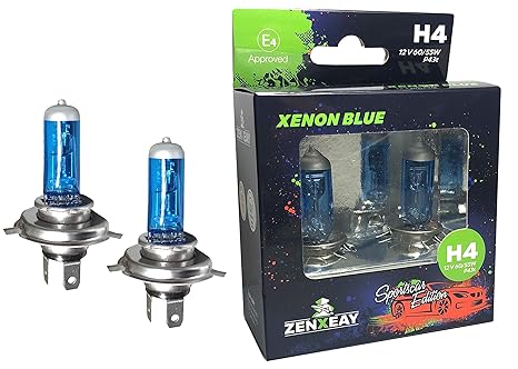 ZENXEAY H4 XENON BLUE Sportscar Edition, Halogen Leuchtmittel, 12V 60 / 55W, Xenon Optik, Super White Birne, 2 Stück