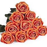 DECEED 10 PCS Artificial Roses with Long Stems Silk Flowers Realistic Foam Flowers Fake Roses for Valentine's Day Autumn Fall Decor Halloween(Orange)