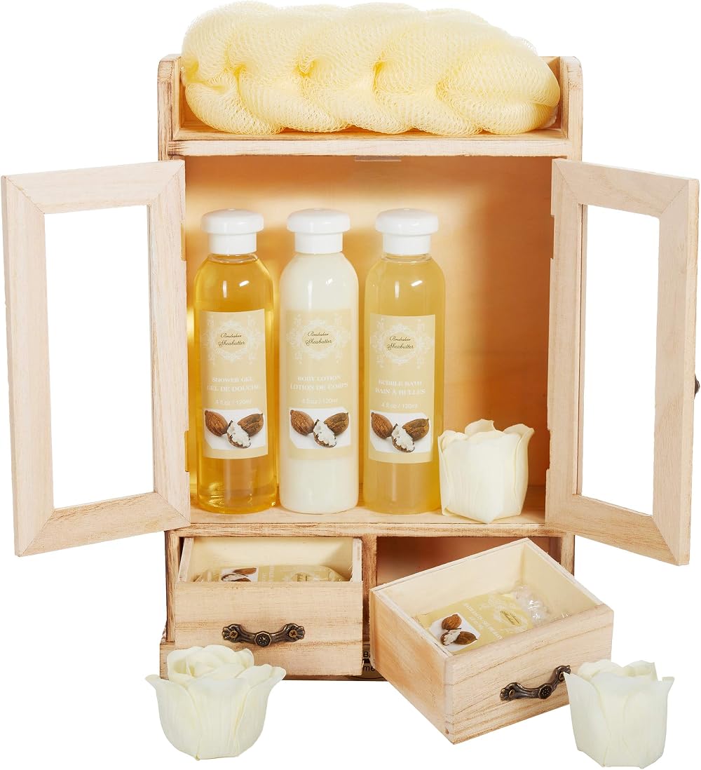 BRUBAKER Shea Butter Bath Body Gift Set 10pcs Wooden Cabinet Lotion Shower Gel
