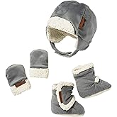 JJ Cole Graphite Gray Winter Baby Hat, Mittens, Booties Set - Infant to 6 Months, Sherpa Lined, Adjustable - Unisex Babies Essentials