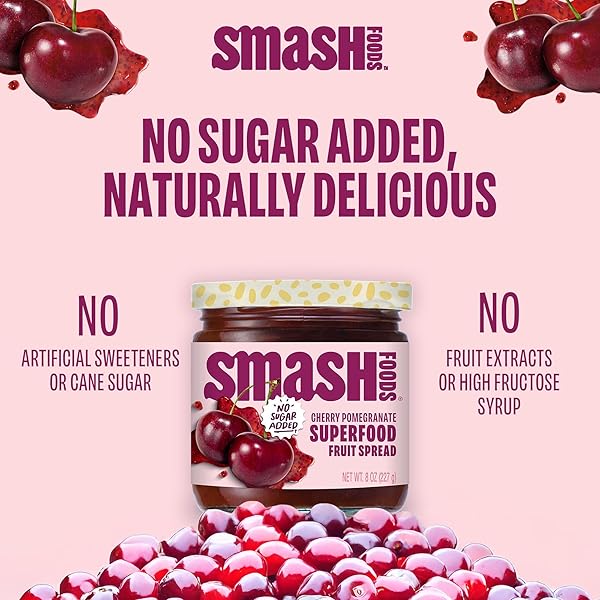 SMASH FOODS CHERRY POMEGRANATE JAM | LOW-CALORIE, NO SUGAR ADDED KETO JAM WITH UPCYCLED FRUIT & CHIA SEEDS | VEGAN, PALEO SUPERFOOD FRUIT SPREAD (1 JAR)