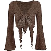 SOLY HUX Women's Long Bell Sleeve Crop Tops V Neck Tie Front T Shirts Sexy Asymmetrical Top Fitted Tees