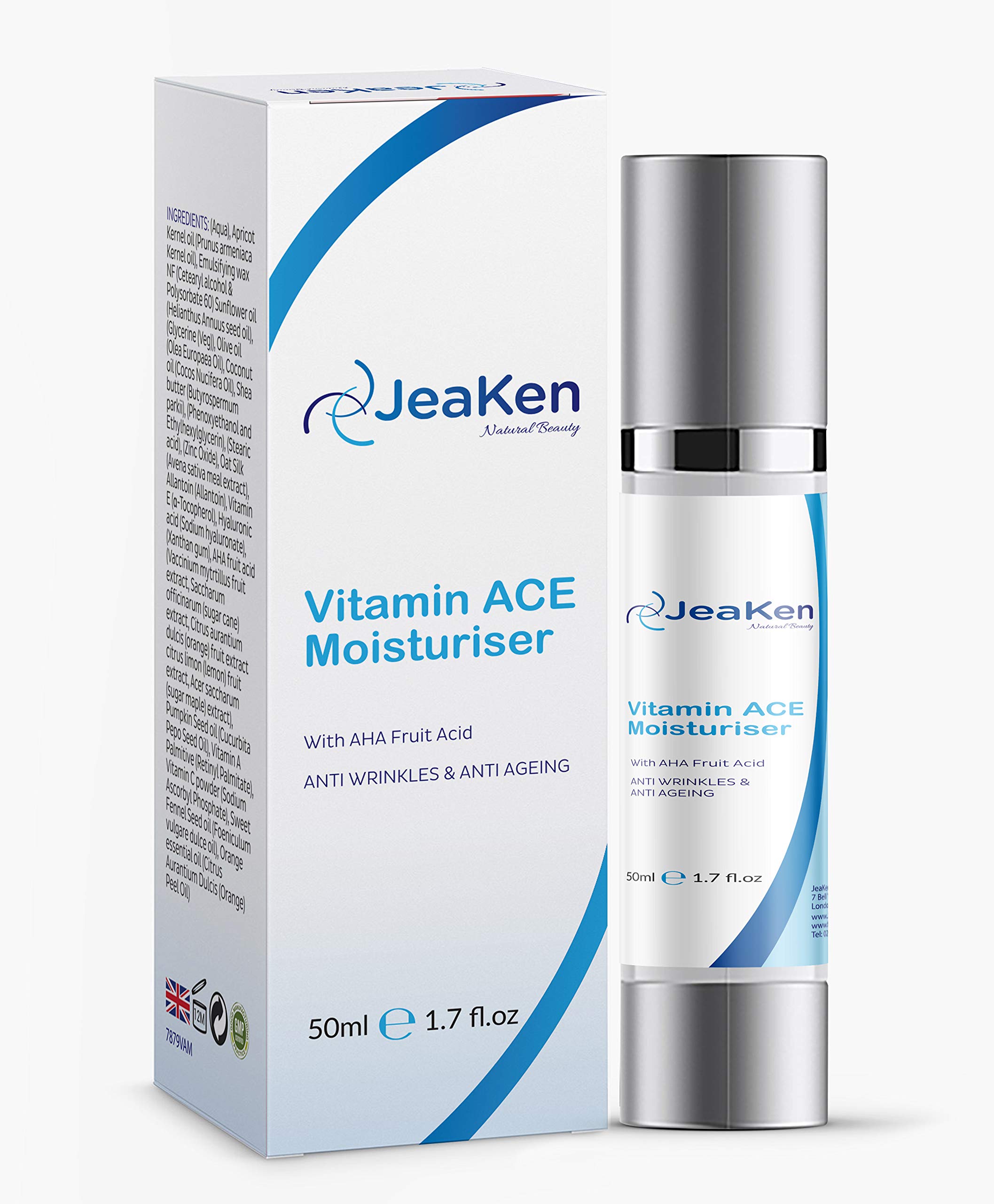 FACE MOISTURISER with Vitamins ACE- Anti Aging Face Cream with Hyaluronic Acid and AHA Fruit Acid- Moisturiser Face Women and Men- Anti Wrinkle Face Cream Boosts Collagen Production- 50ml Vegan Bottle