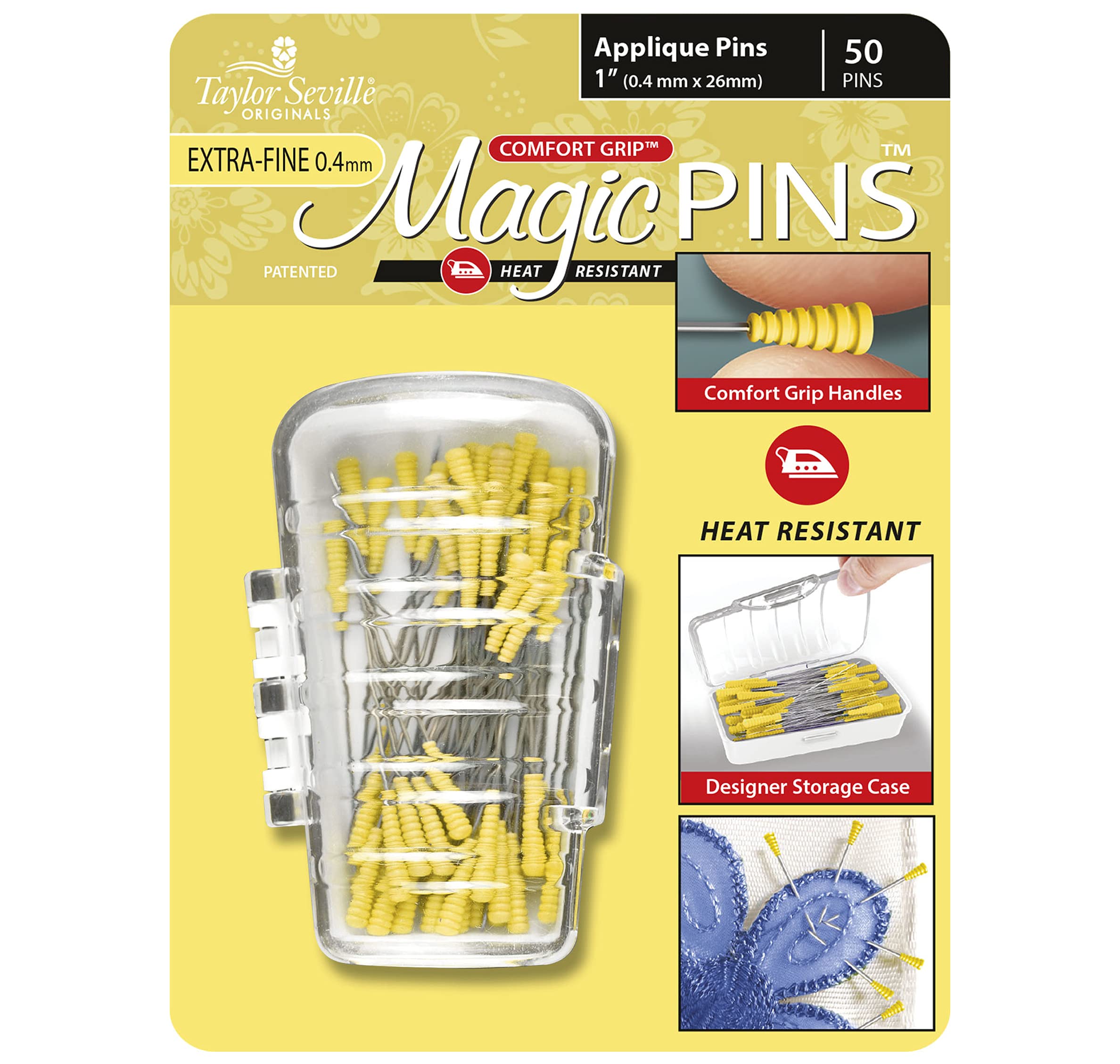 Taylor Seville Originals - Taylor Seville Originals Comfort Grip Heat Resistant Extra Fine (0.4 x 26mm) Applique Magic Pins - 50 Pieces, Yellow