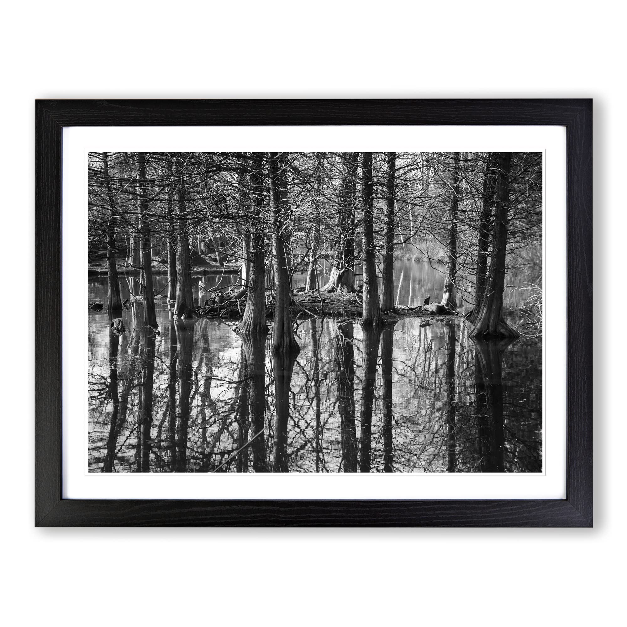 Landscape Black and White Forest and Lake Modern Framed Wall Art Print, Ready to Hang Picture for Living Room Bedroom Home Office Décor, Black A3 (46 x 34 cm)