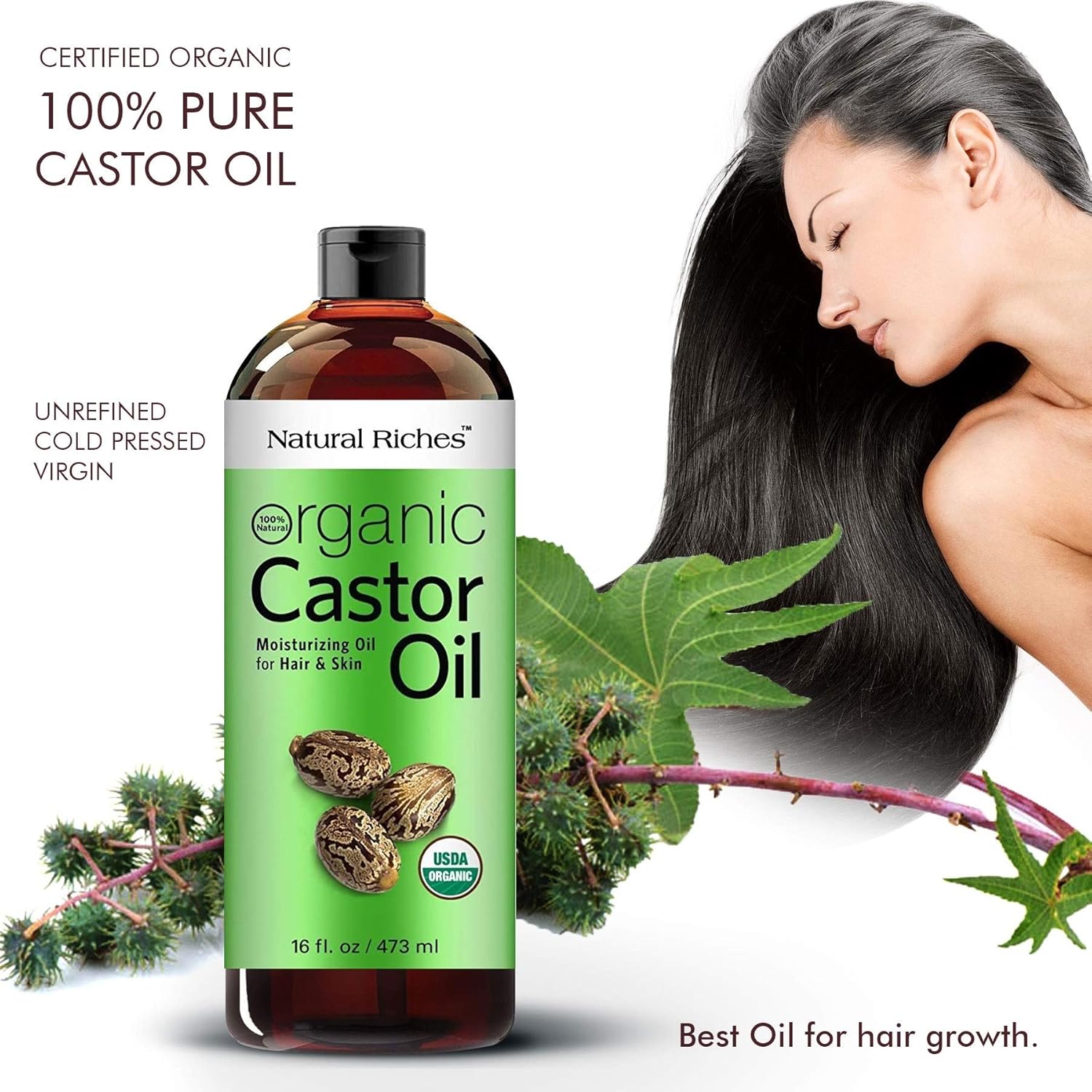 Organic Castor Oil Cold pressed USDA Organic certified pure for Dry Skin, Hair Loss, Dandruff & Thick Hair - Moisturizes heals Scalp, Skin, Hair growth, Thicker Eyelashes & Eyebrows - 16 fl. oz. Natural Riches : Beauty