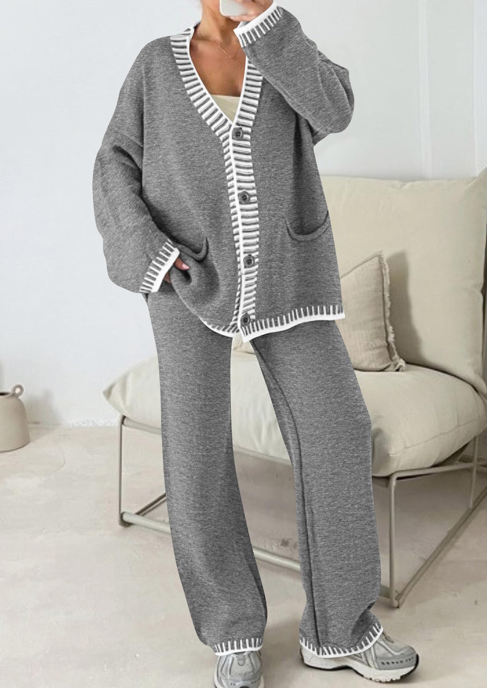 PRETTYGARDEN Women's 2 Piece Outfits Knit Matching Lounge Sets Long Sleeve V Neck Cardigan Sweaters Wide Leg Pants Tracksuits (Grey,Large) - Image 2