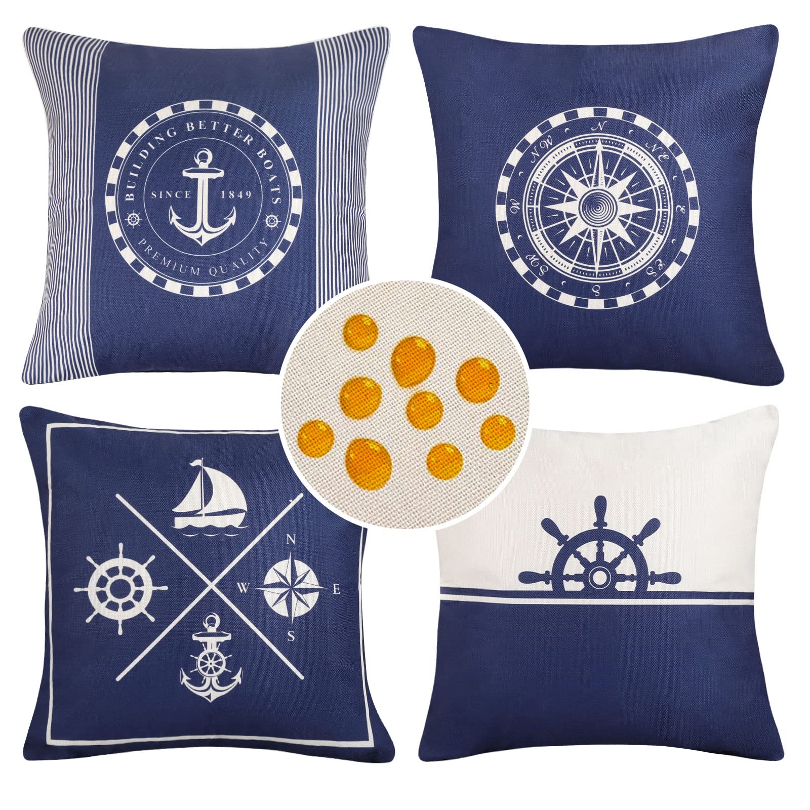 Ocean Theme Outdoor Waterproof Cushion Covers 45x45cm Anchor Sailboat Compass Rudder Pillow Covers Pack of 4 Cotton Linen Decorative Square Pillowcase for Sofa Couch Home Indoor Decor,Navy Blue