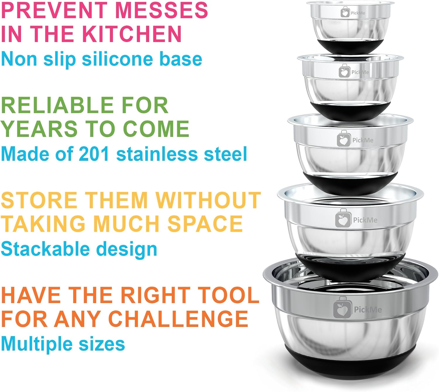 Premium Stainless Steel Mixing Bowls With Non Slip Bottom (Set of 5