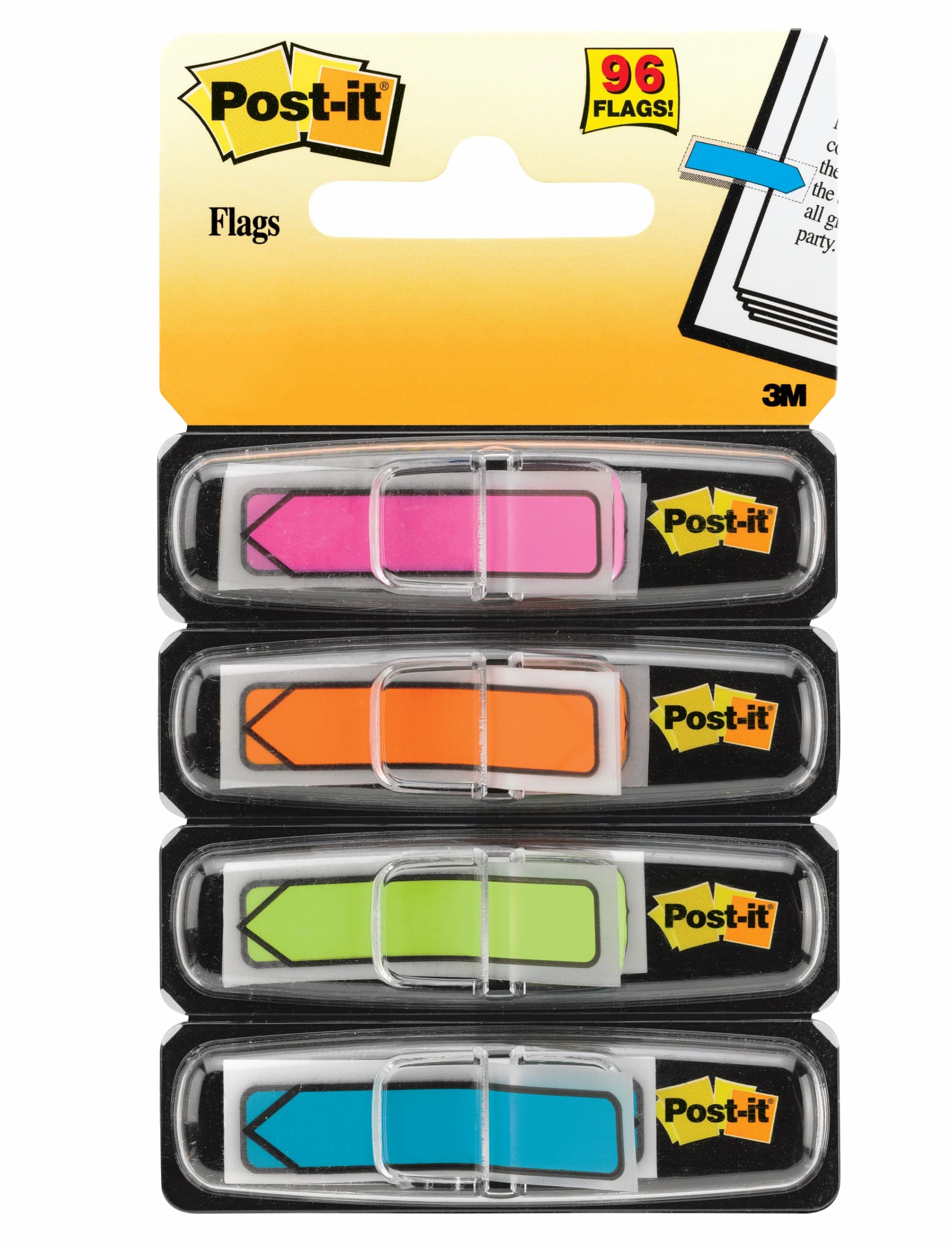Post-it Index Arrow Flags - 4 Dispensers 24 Flags of Each Colour 11.9 mm x 43.2 mm - To Mark, Highlight or Colour Code Important Information