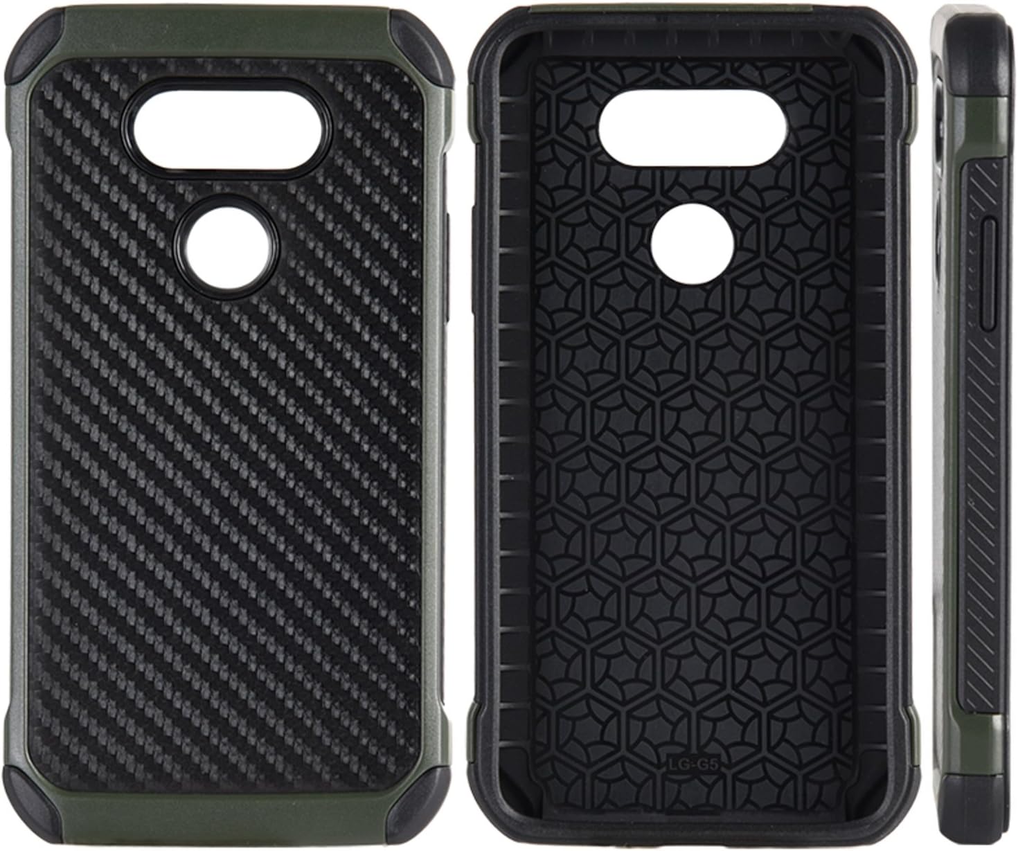 LG G5 Tough Hybrid Case Black TPU Plus Army Green PC with Carbon Fiber Finish Plus Includes VG Brand Earbuds