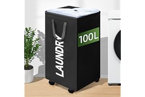 ZOES HOMEWARE 100L Large Laundry Basket with Wheels, 26 GAL Rolling Laundry Hamper with Handle, 30" Tall Rectangular Laundry Basket for Corner, Collapsible and Foldable, (Black)