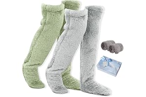 Goose Down Knee Socks for Christmas, Fuzzy Thigh High Socks, Over Knee Plush Slipper Sock for Winter Indoor Sleeping