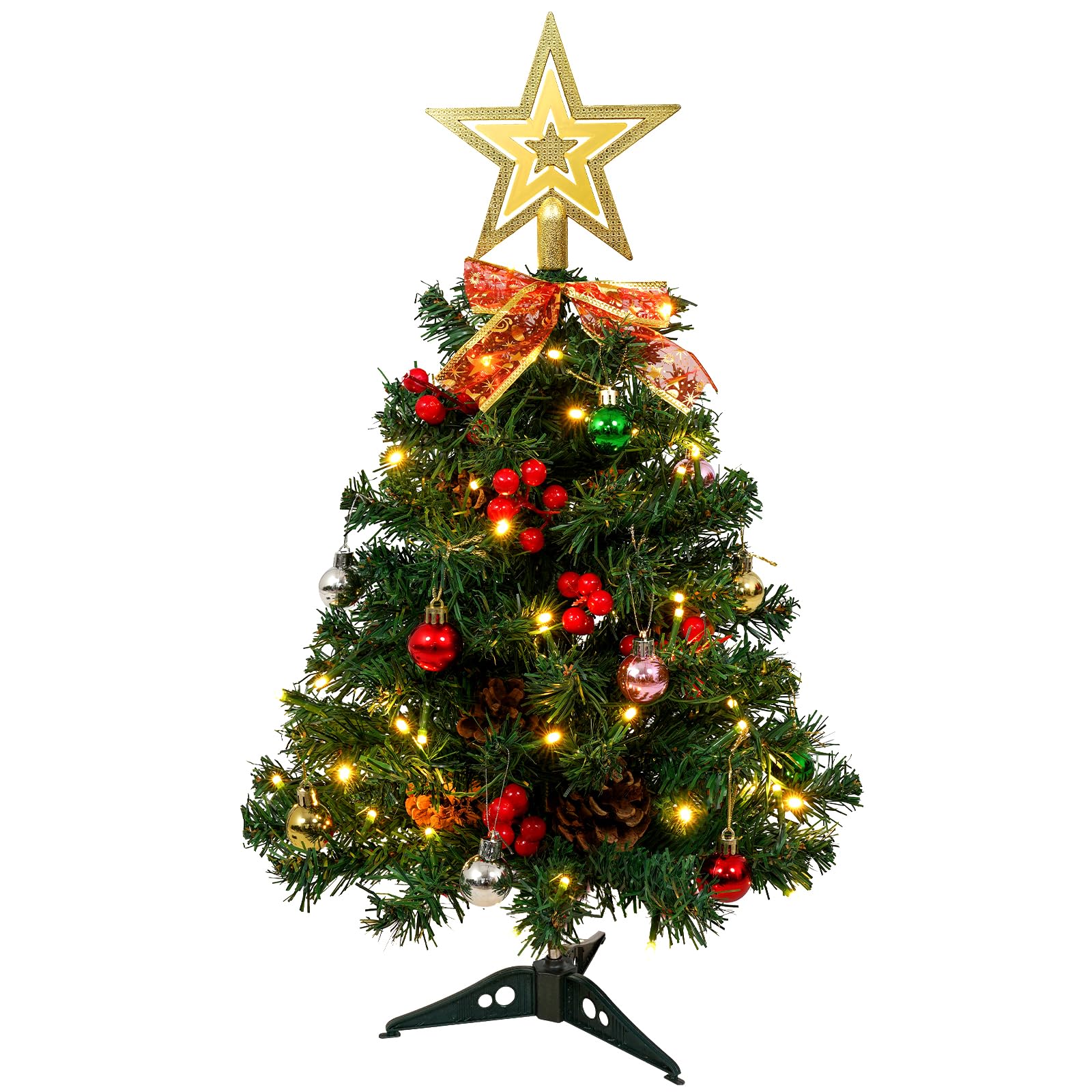 Uten 2ft/60cm Mini Christmas Tree, Tabletop Christmas Tree with 50 LED Light String, 6 Groups Red Berries & 6 Pinecones, 20 Christmas Balls, Tree Top Star and Bow for Desktop Xmas Decoration