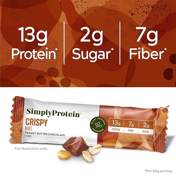 SIMPLY PROTEIN – PEANUT BUTTER CHOCOLATE CRISPY BARS – PLANT BASED PROTEIN BARS – LOW CARB, LOW SUGAR, HIGH FIBER – 13G PROTEIN, 2G SUGAR, 7G FIBER – VEGAN, GLUTEN FREE, NON GMO, KOSHER – 4 BARS