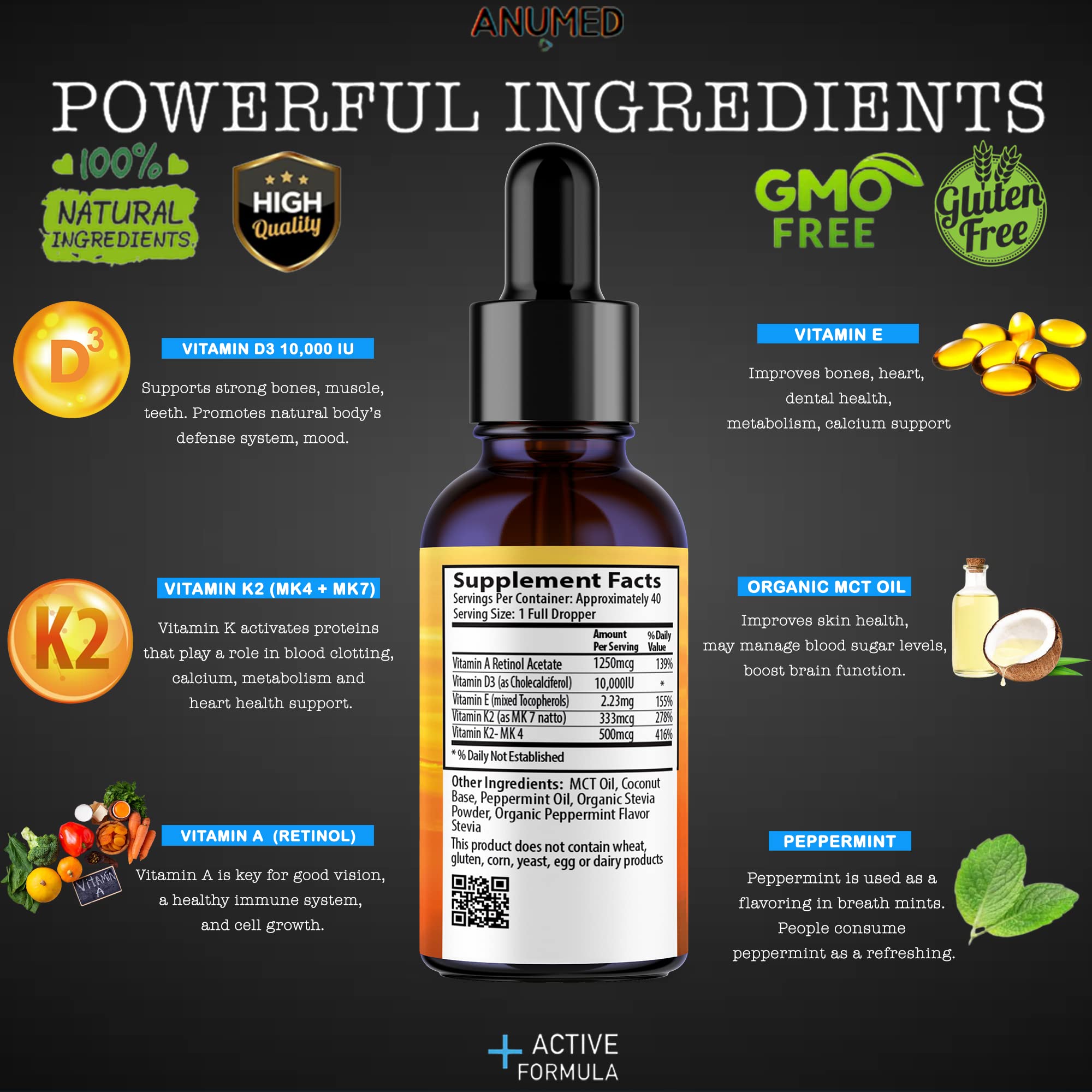 ANUMED Vitamin D3 + K2 10,000 IU Liquid Drops + Organic MCT Oil