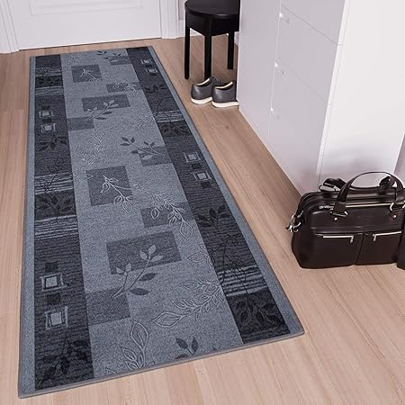 Tapiso Antidérapant Tapis De Couloir Cuisine Entrée Design Moderne Gris Basalt Bleu Feuilles Fin Poil Court 100 X 200 Cm