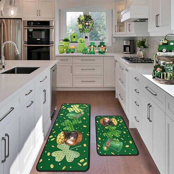 NOULMEA ST. PATRICK’S DAY CLOVER KITCHEN RUGS SET OF 2, IRISH SHAMROCK POLKA DOT STRIPED & POT OF GOLD COIN PRINT FLOOR DOOR MAT HOME DECORATIONS 17″X47″+17″X30″