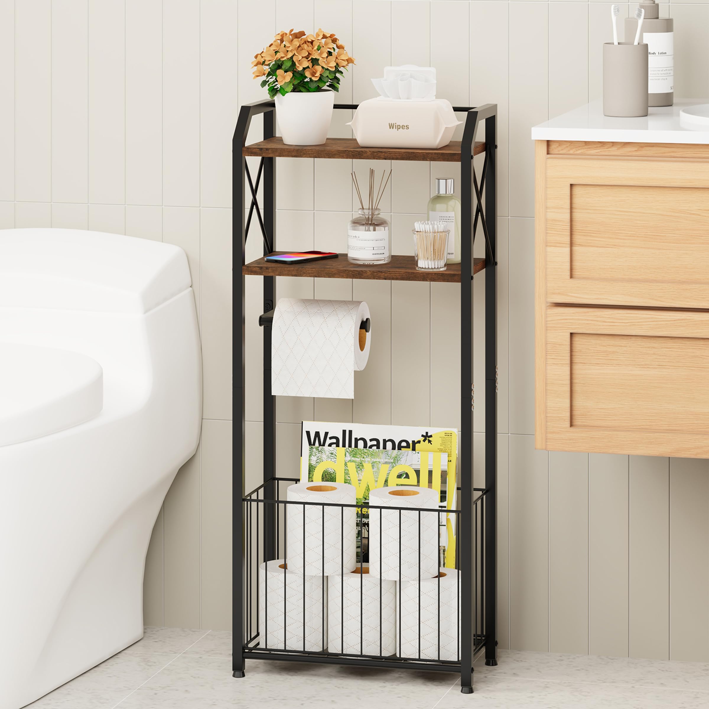 Photo 1 of *INCOMPLETE** HapiRm Freestanding Toilet Paper Holder - 4-Tier Bathroom Tissue Organizer with Wood Shelves and Large Basket, Toilet Paper Holder Stand for Bathroom, Laundry Room, Apartment - Black?Large?