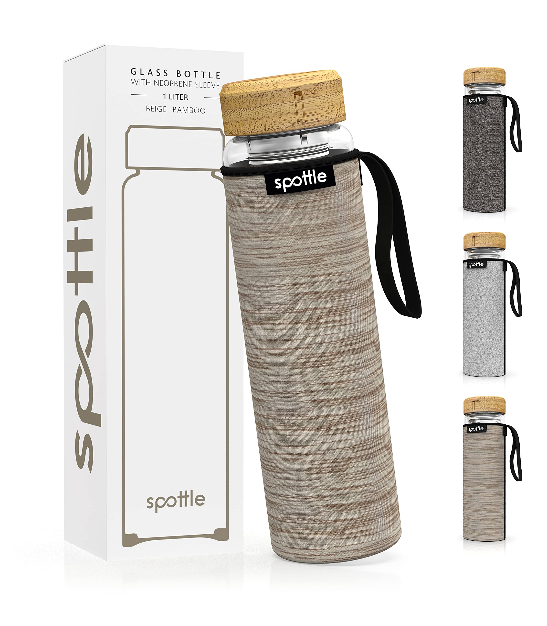spottle glass water bottle borosilicate double-walled tea stainless steel infuser cold brew neoprene sleeve dishwasher safe 1L