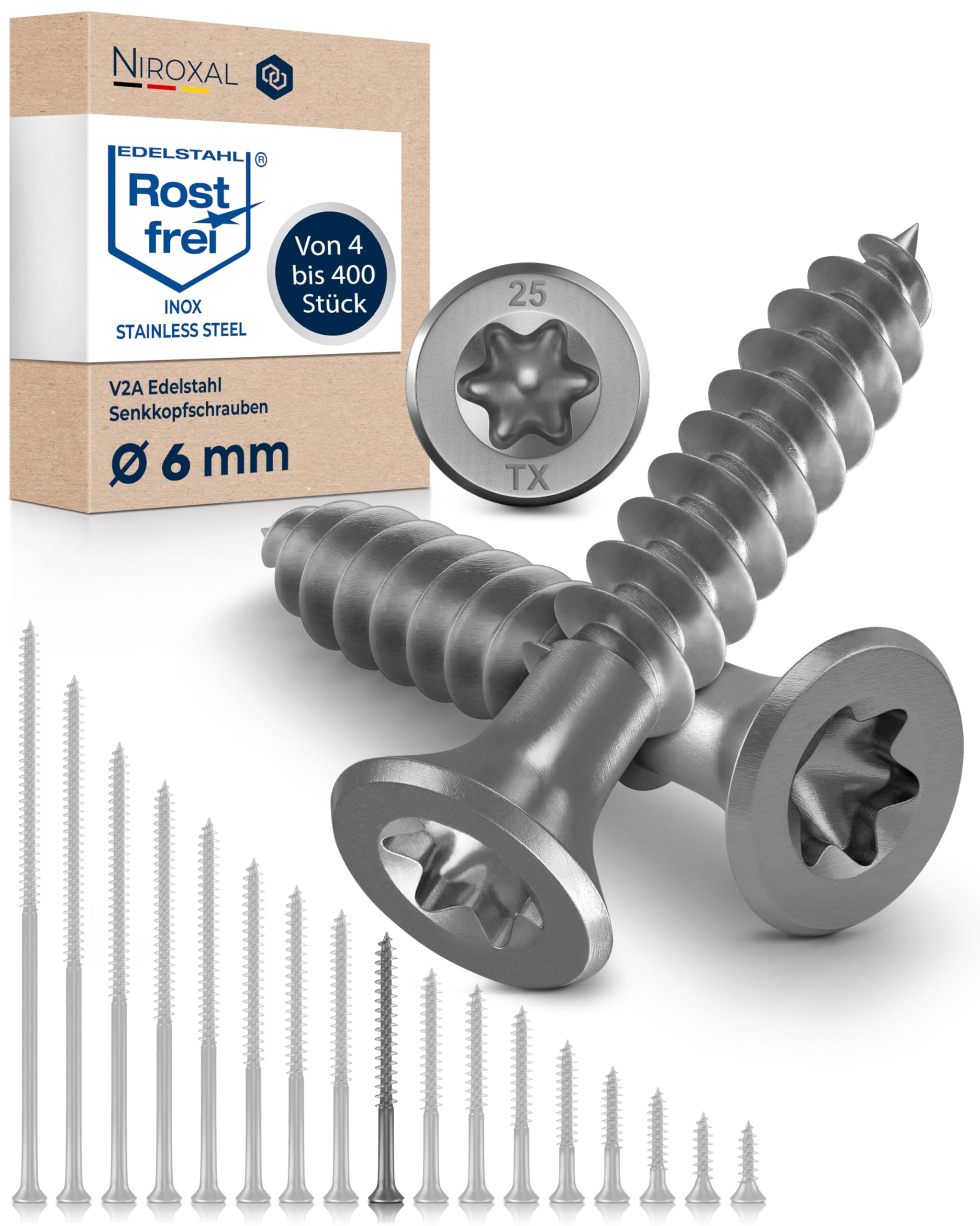 Wood Screws 6 x 60 mm TORX Countersunk Head Stainless Steel 304 Chipboard Screws Timber Screws Partial Thread Rustproof A2 50 Pack