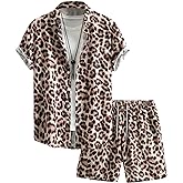 WDIRARA Men's 2 Piece Leopard Print Outfit Button Up Collared Short Sleeve Shirt and Drawstring Waist Shorts