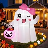 5FT Cute Halloween Inflatables, Ghost Blow Ups Outdoor with Pink Bow | Ghost Inflatable Halloween Decorations Outdoor, Weather Resistant, Built-in LEDs, Pink Ghost Decor for Outside Yard Lawn