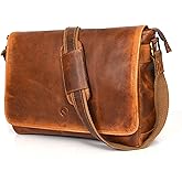 16" Crossbody Bag Leather Laptop Messenger Bag For Men with trolley sleeve for school office (Caramel)